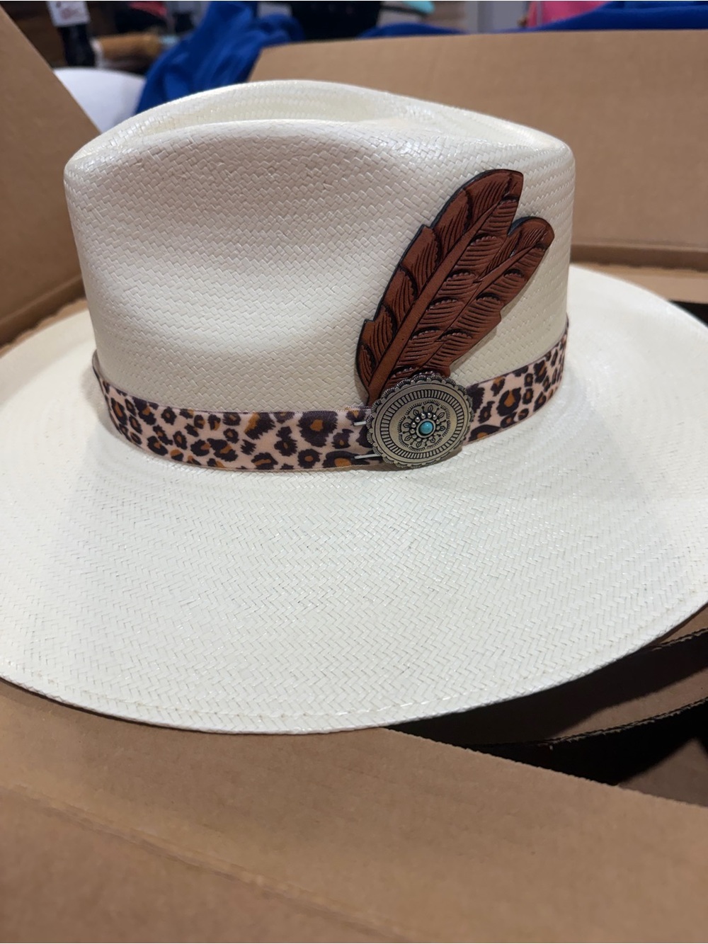Straw Hat with Leopard Print Band - Cream - Picture 2 of 3